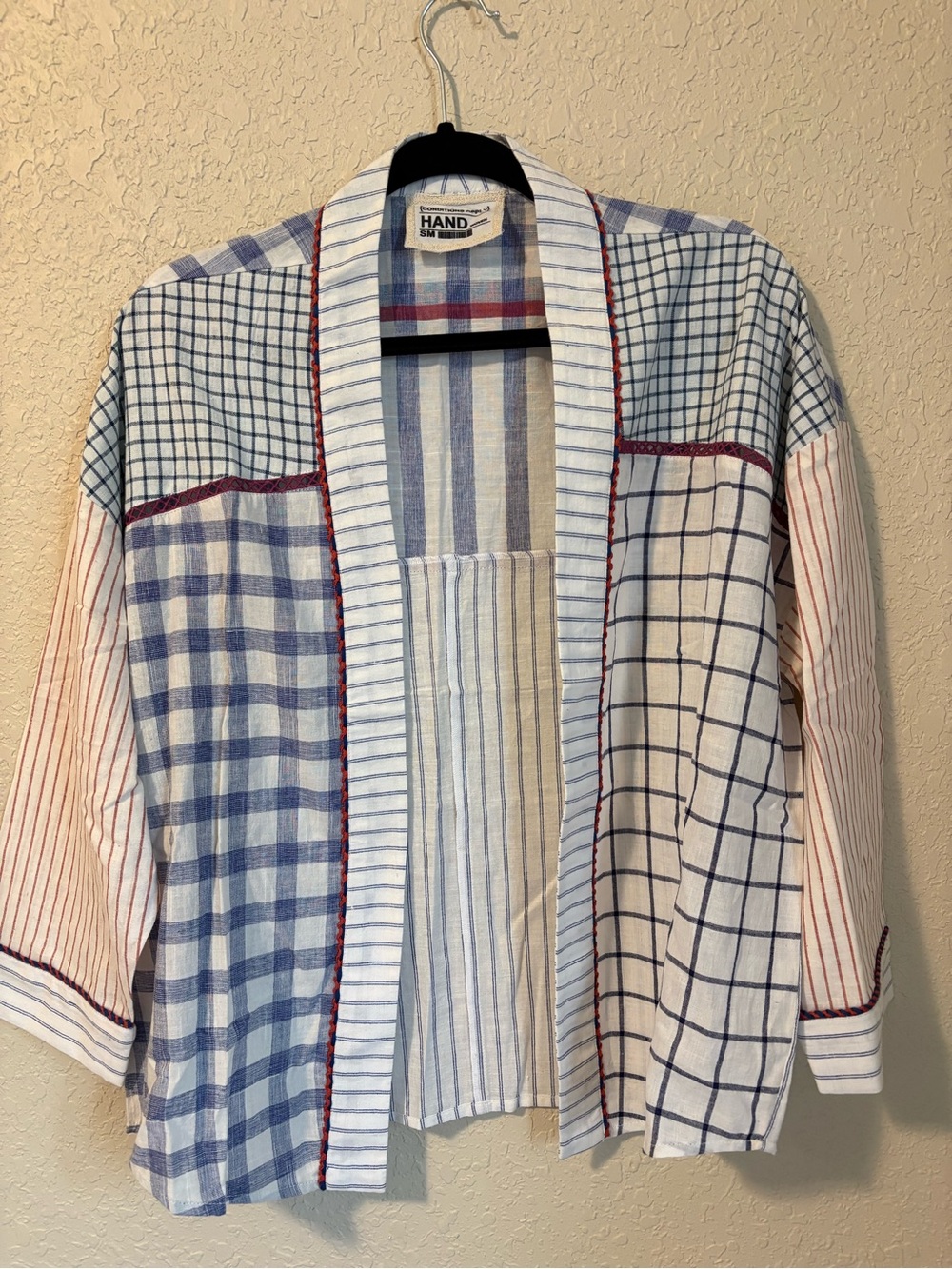 NWOT Conditions Apply Patchwork Open-Front Cotton Shrug in Blue & White